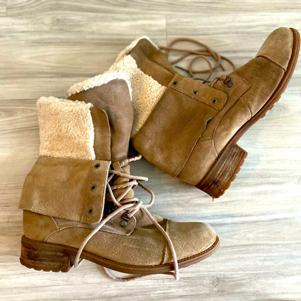 UGG Suede and Sherpa Lace Up Combat Boots